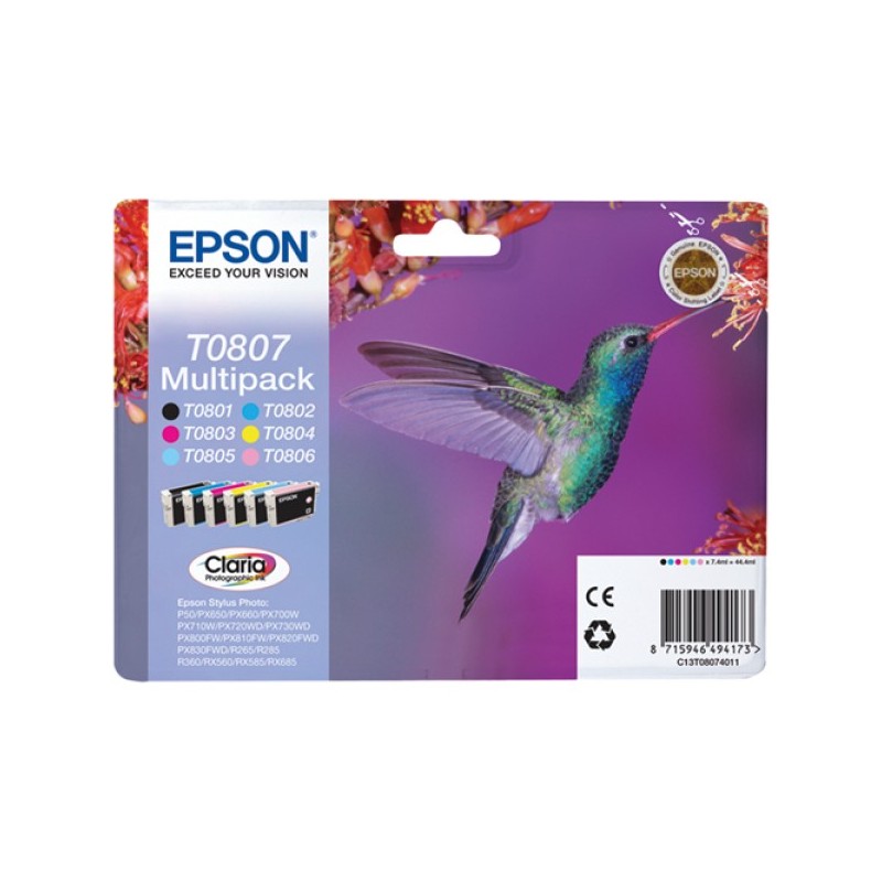 ORIGINAL Epson Multipack nero / ciano / magenta / giallo / ciano (chiaro) / magenta (chiaro) C13T08074011 T0807 6 cartucce d'inc