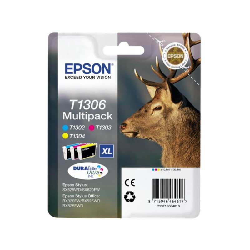 ORIGINAL Epson Multipack ciano / magenta / giallo C13T13064012 T1306 3 cartucce d'inchiostro: T1302 + T1303 + T1304