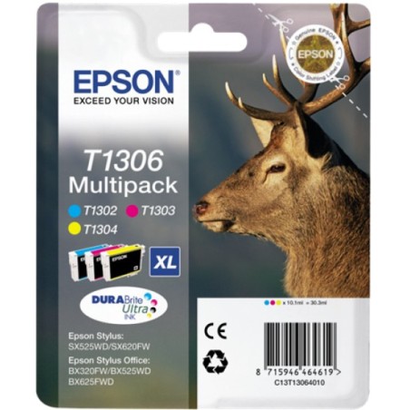 ORIGINAL Epson Multipack ciano / magenta / giallo C13T13064012 T1306 3 cartucce d'inchiostro: T1302 + T1303 + T1304
