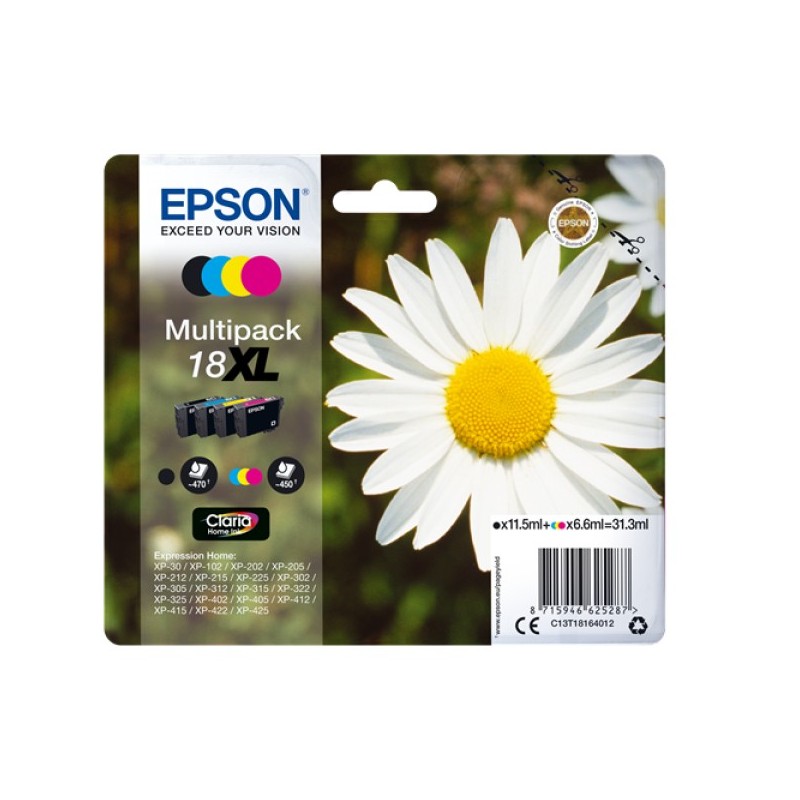 ORIGINAL Epson Multipack nero / ciano / magenta / giallo C13T18164012 18 XL 4 cartucce d'inchiostro XL: T1811 + T1812 + T1813 + 