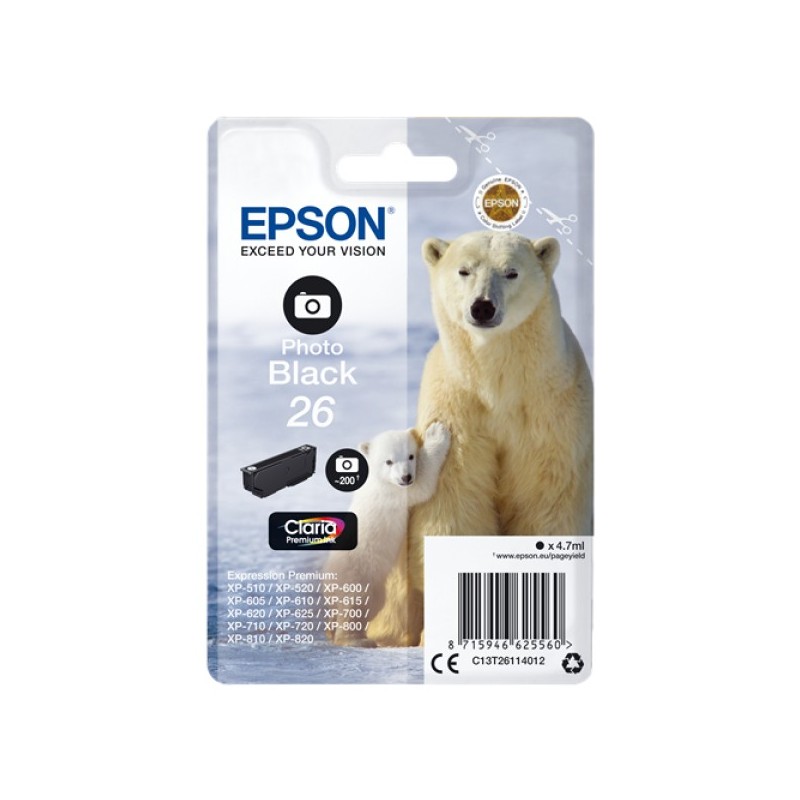 ORIGINAL Epson Cartuccia d'inchiostro Nero (Foto) C13T26114012 26 ~200 Seiten 4,7ml standard