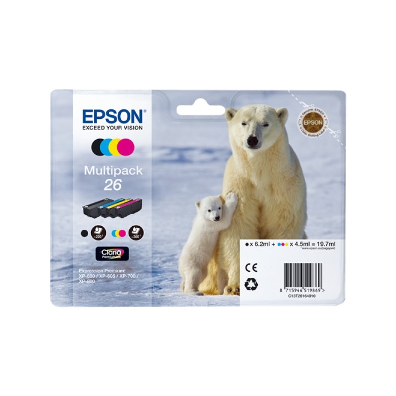 ORIGINAL Epson Multipack nero / ciano / magenta / giallo C13T26164010 26 4 cartucce d'inchiostro: T2601 + T2612 + T2613 + T2614