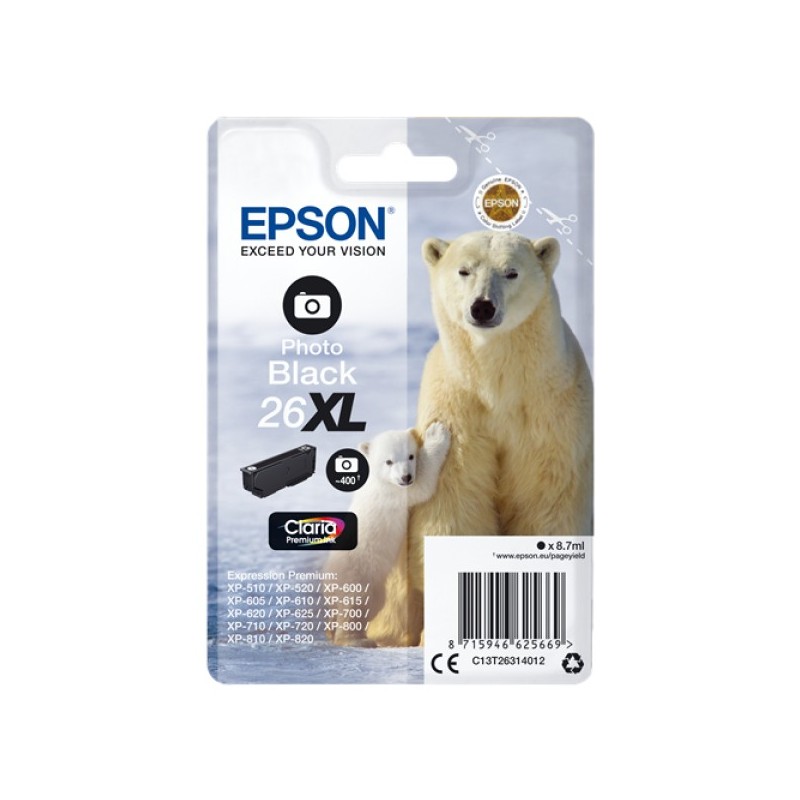 ORIGINAL Epson Cartuccia d'inchiostro Nero (Foto) C13T26314010 26 XL ~400 Seiten 8,7ml Cartucce XL, foto black