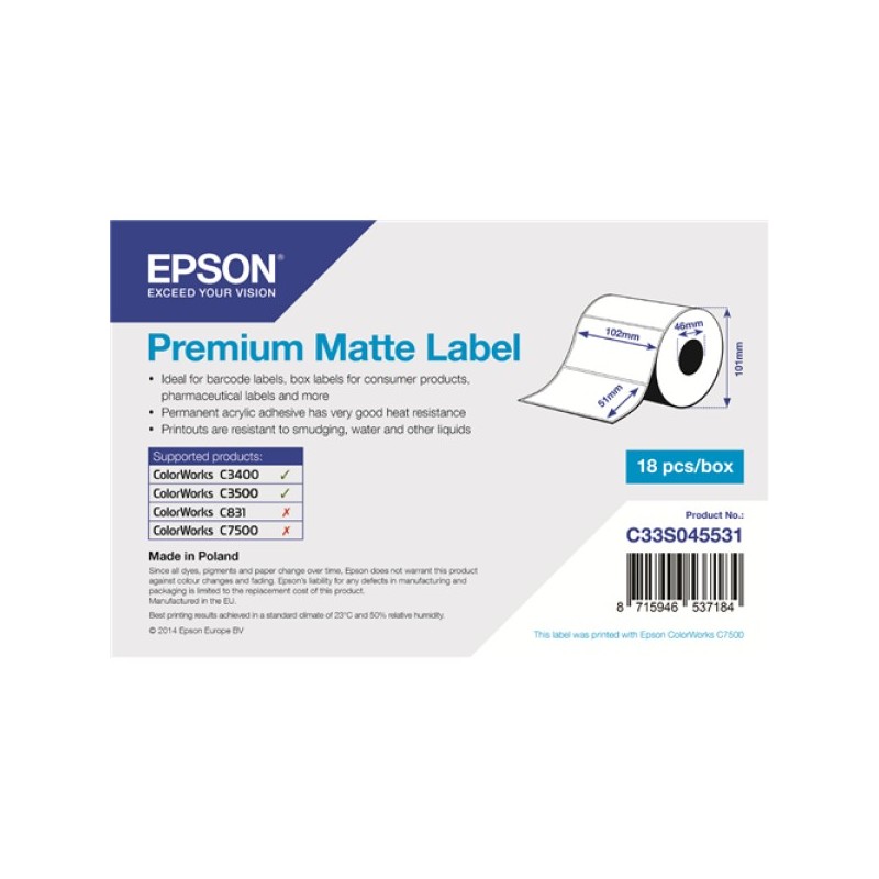 ORIGINAL Epson Etichette C33S045531 S045531 Premium Matte Label - Die-cut Roll: 102mm x 51mm, 650 labels