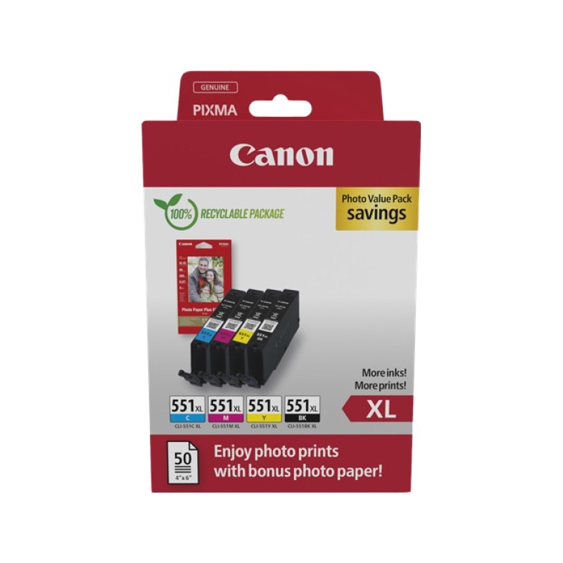 ORIGINAL Canon Value Pack nero / ciano / magenta / giallo CLI-551 XL + 10x15 cm Fotopapier 50 Blatt