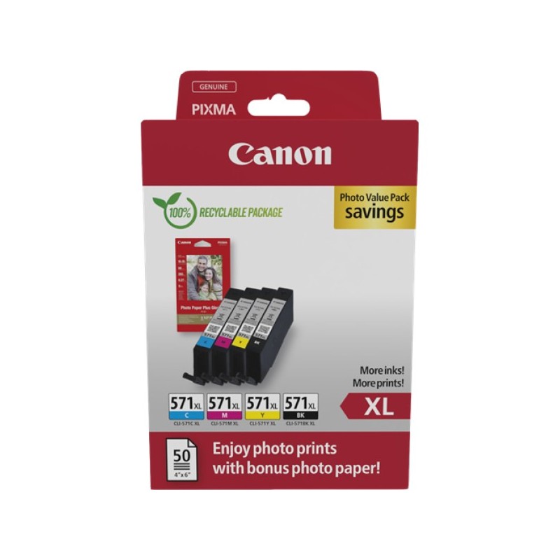 ORIGINAL Canon Value Pack nero / ciano / magenta / giallo CLI-571 XL + 10x15 cm Fotopapier 50 Blatt