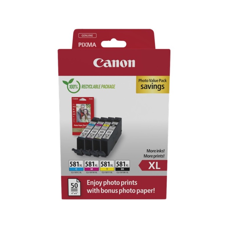 ORIGINAL Canon Value Pack nero / ciano / magenta / giallo CLI-581 XL + 10x15 cm Fotoglanzpapier Plus II 50 Blatt ~4623 Seiten