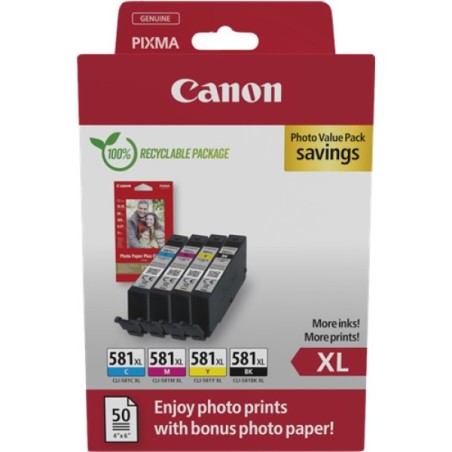 ORIGINAL Canon Value Pack nero / ciano / magenta / giallo CLI-581 XL + 10x15 cm Fotoglanzpapier Plus II 50 Blatt ~4623 Seiten