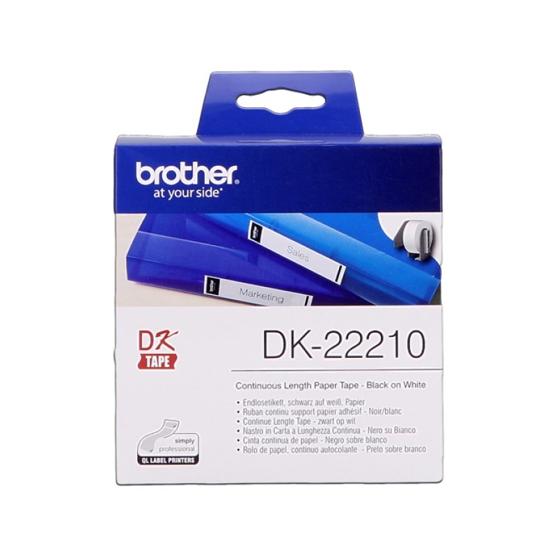 ORIGINAL Brother Etichette Nero su bianco DK-22210 etichetta a lunghezza continua, 29mm x 30,48m bianco