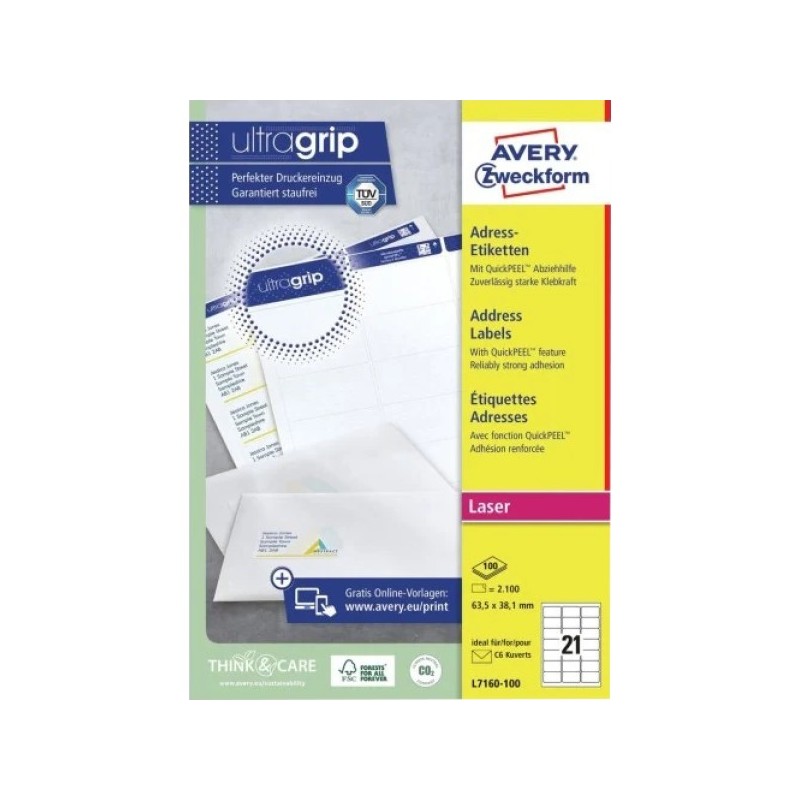 ORIGINAL AVERY Zweckform Etichette Bianco L7160-100 Adressetiketten Etichette per indirizzo AVERY, QuickPEEL, 63,5 x 38,1 mm, bi