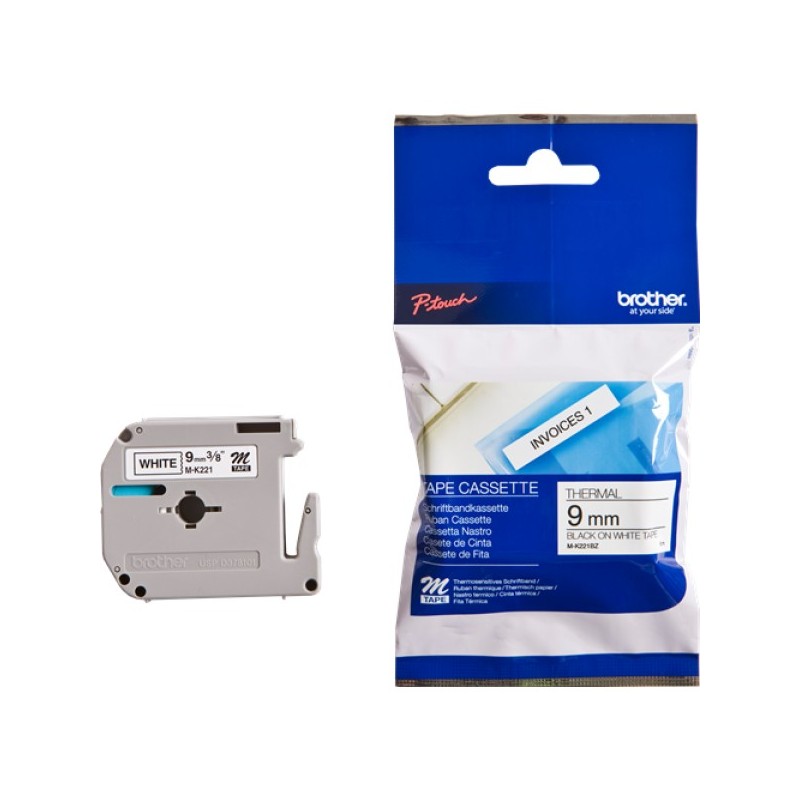 ORIGINAL Brother Nastro Nero su bianco M-K221BZ M-K221 9 mm x 8 m, non laminato
