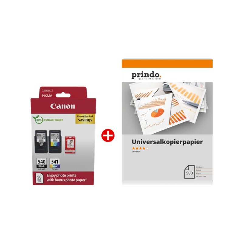 ORIGINAL Canon Value Pack nero / differenti colori / Bianco / Bianco PG-540+CL-541 MCVP + Prindo Universal Papier 500 Blatt ~360