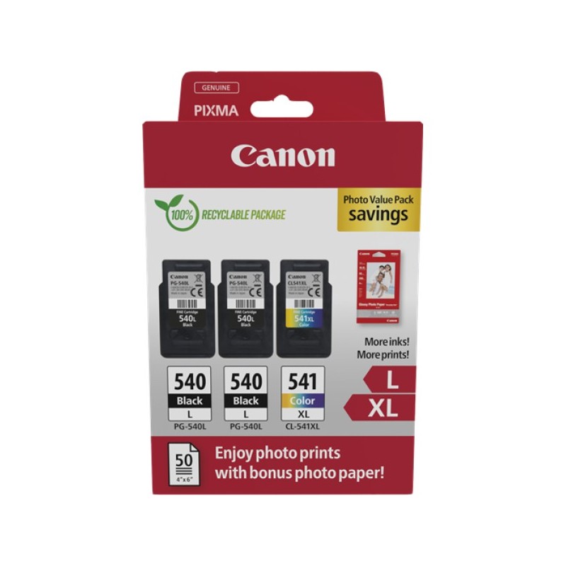 ORIGINAL Canon Value Pack nero / differenti colori PG-540L+CL-541XL + 10x15 cm Fotopapier 50 Blatt ~700 Seiten