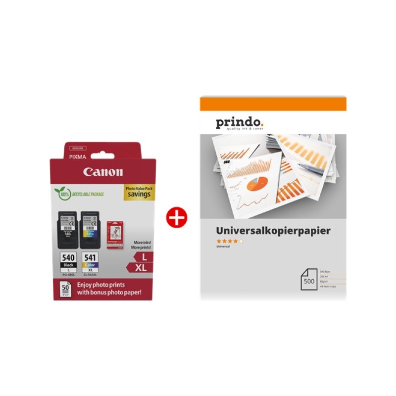 ORIGINAL Canon Value Pack nero / differenti colori / Bianco PG-540L+CL-541XL MCVP + Prindo Universal Papier 500 Blatt ~700 Seite