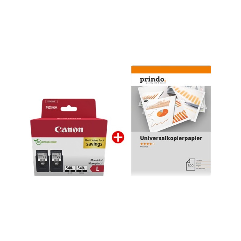ORIGINAL Canon Value Pack nero / Bianco PG-540L Twin MCVP + Prindo Universal Papier 500 Blatt ~300 Seiten