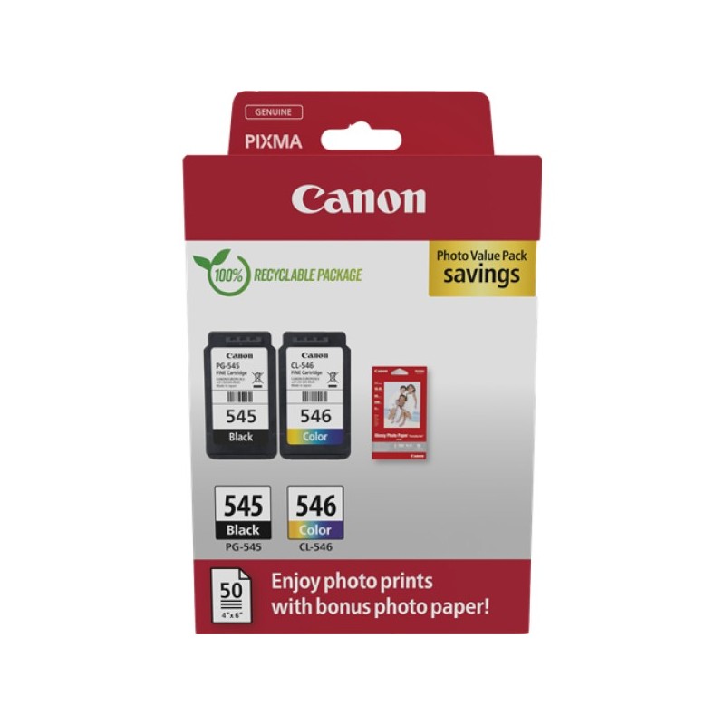 ORIGINAL Canon Value Pack nero / differenti colori / Bianco PG-545 + CL-546 + 10x15 cm Fotopapier 50 Blatt ~360 Seiten