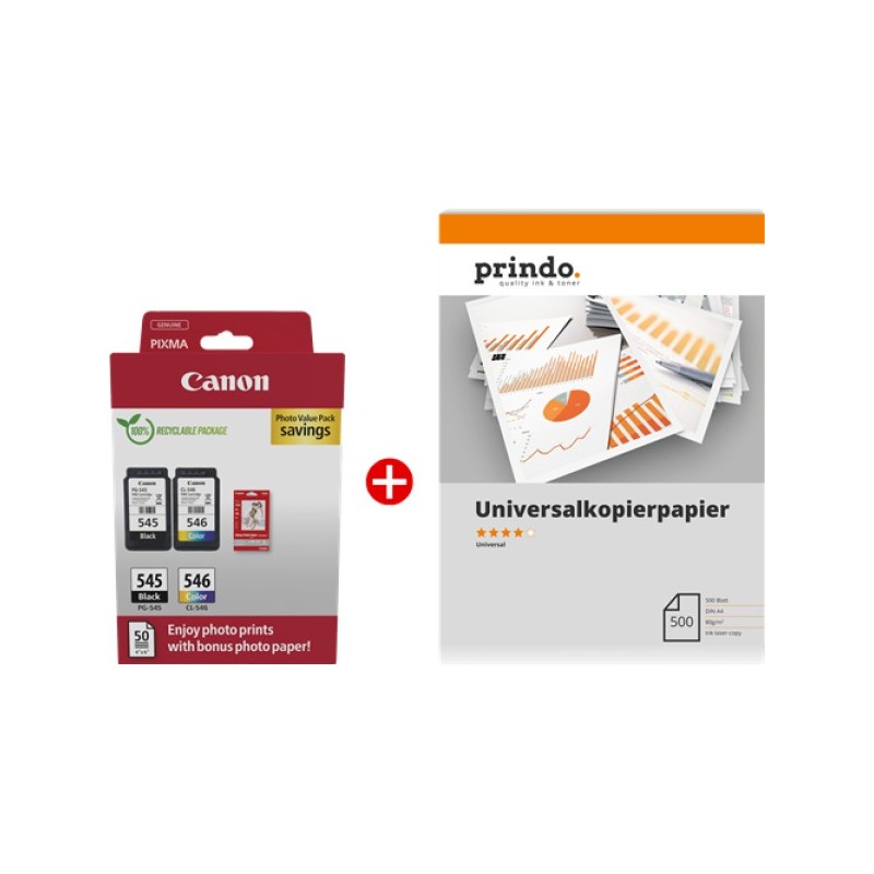 ORIGINAL Canon Value Pack nero / differenti colori / Bianco / Bianco PG-545+CL-546 MCVP + Prindo Universal Papier 500 Blatt ~360