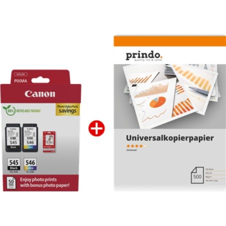 ORIGINAL Canon Value Pack nero / differenti colori / Bianco / Bianco PG-545+CL-546 MCVP + Prindo Universal Papier 500 Blatt ~360