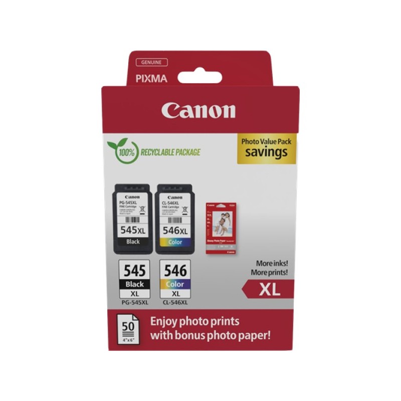 ORIGINAL Canon Value Pack nero / differenti colori PG-545XL + CL-546XL + 10x15 cm Fotopapier 50 Blatt ~700 Seiten