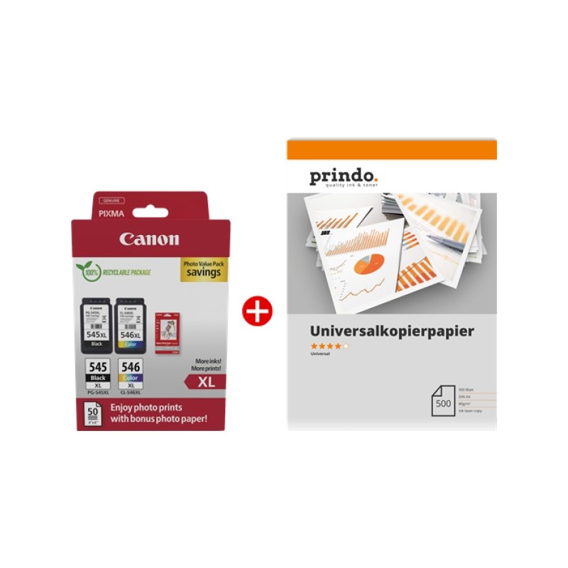 ORIGINAL Canon Value Pack nero / differenti colori / Bianco PG-545XL + CL-546XL MCVP + Prindo Universal Papier 500 Blatt ~700 Se