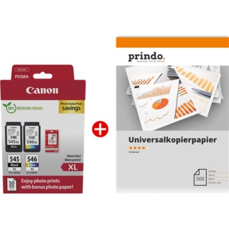 ORIGINAL Canon Value Pack nero / differenti colori / Bianco PG-545XL + CL-546XL MCVP + Prindo Universal Papier 500 Blatt ~700 Se