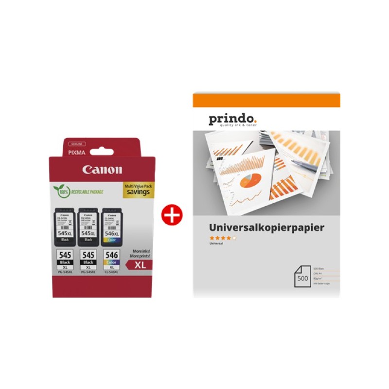 ORIGINAL Canon Value Pack nero / differenti colori / Bianco PG-545XL+CL-546XL MCVP + Prindo Universal Papier 500 Blatt ~700 Seit