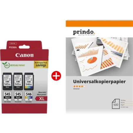 ORIGINAL Canon Value Pack nero / differenti colori / Bianco PG-545XL+CL-546XL MCVP + Prindo Universal Papier 500 Blatt ~700 Seit