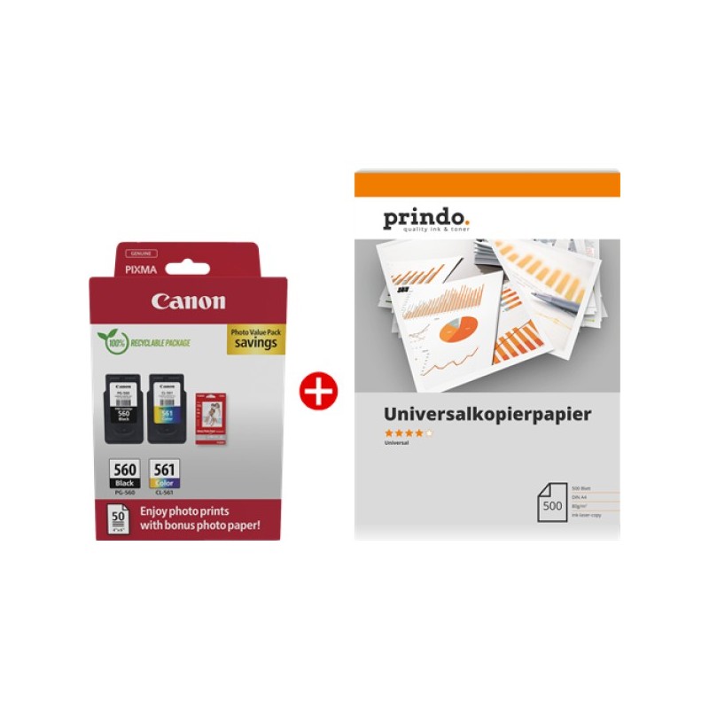 ORIGINAL Canon Value Pack nero / differenti colori / Bianco / Bianco PG-560+CL-561 MCVP + Prindo Universal Papier 500 Blatt ~360