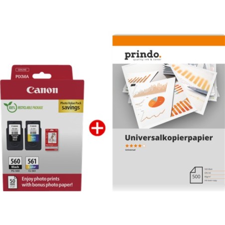 ORIGINAL Canon Value Pack nero / differenti colori / Bianco / Bianco PG-560+CL-561 MCVP + Prindo Universal Papier 500 Blatt ~360