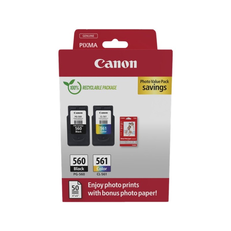 ORIGINAL Canon Value Pack nero / differenti colori / Bianco PG-560+CL-561 + 10x15 cm Fotopapier 50 Blatt ~360 Seiten