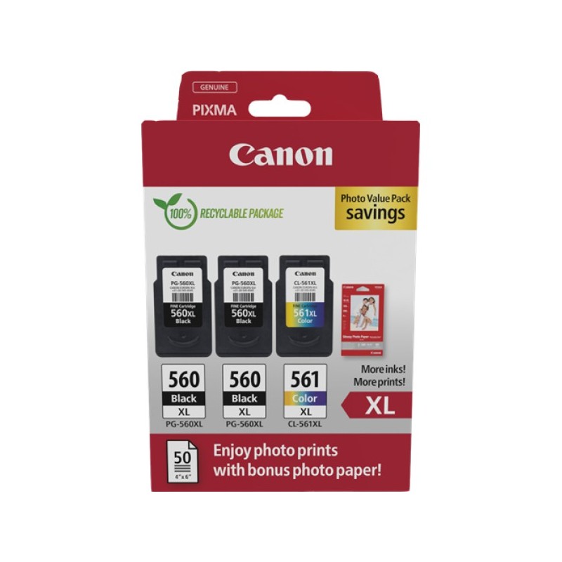 ORIGINAL Canon Value Pack nero / differenti colori PG-560XL+CL-561XL + 10x15 cm Fotopapier 50 Blatt ~700 Seiten