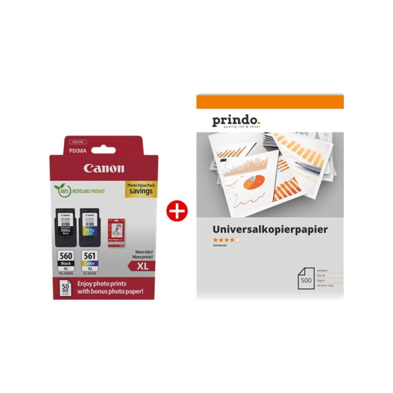 ORIGINAL Canon Value Pack nero / differenti colori / Bianco PG-560XL+CL-561XL MCVP + Prindo Universal Papier 500 Blatt ~700 Seit