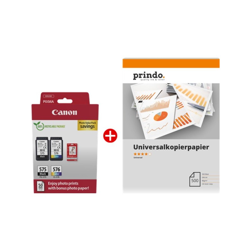 ORIGINAL Canon Value Pack nero / differenti colori / Bianco / Bianco PG-575+CL-576 MCVP + Prindo Universal Papier 500 Blatt ~200