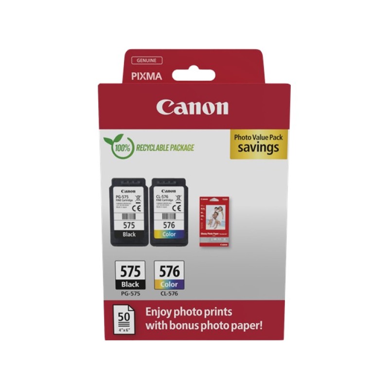 ORIGINAL Canon Value Pack nero / differenti colori / Bianco PG-575+CL-576 + 10x15 cm Fotopapier 50 Blatt ~200 Seiten