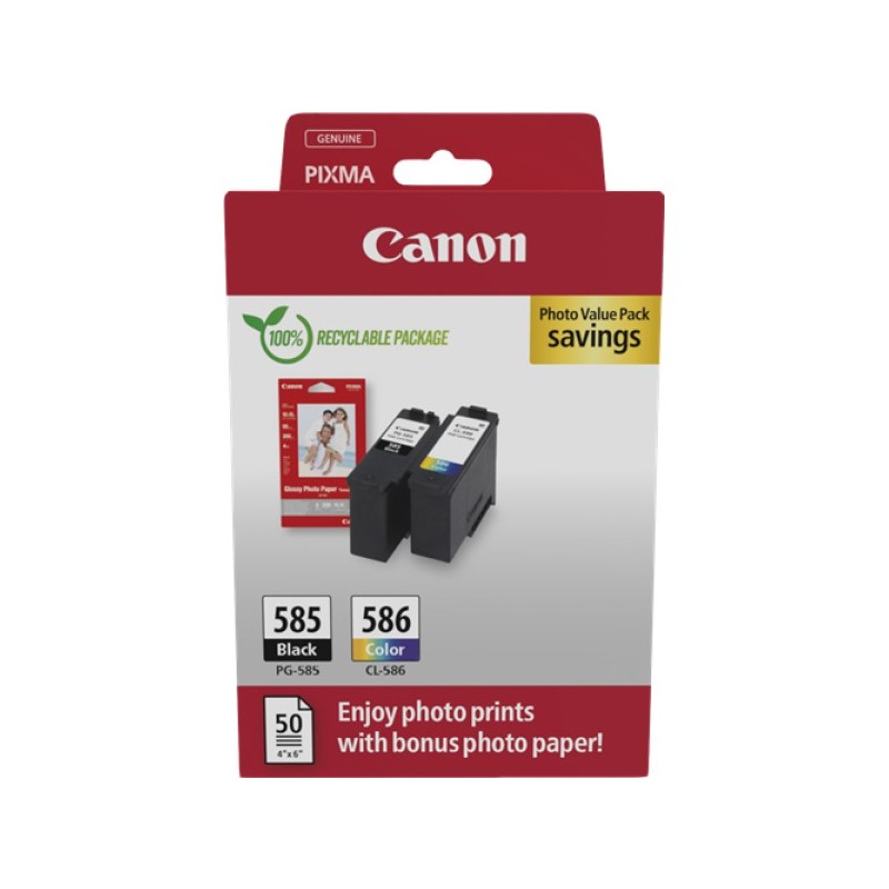 ORIGINAL Canon Value Pack nero / ciano / magenta / giallo PG-585+CL586 + 10x15 cm Fotopapier 50 Blatt ~360 Seiten