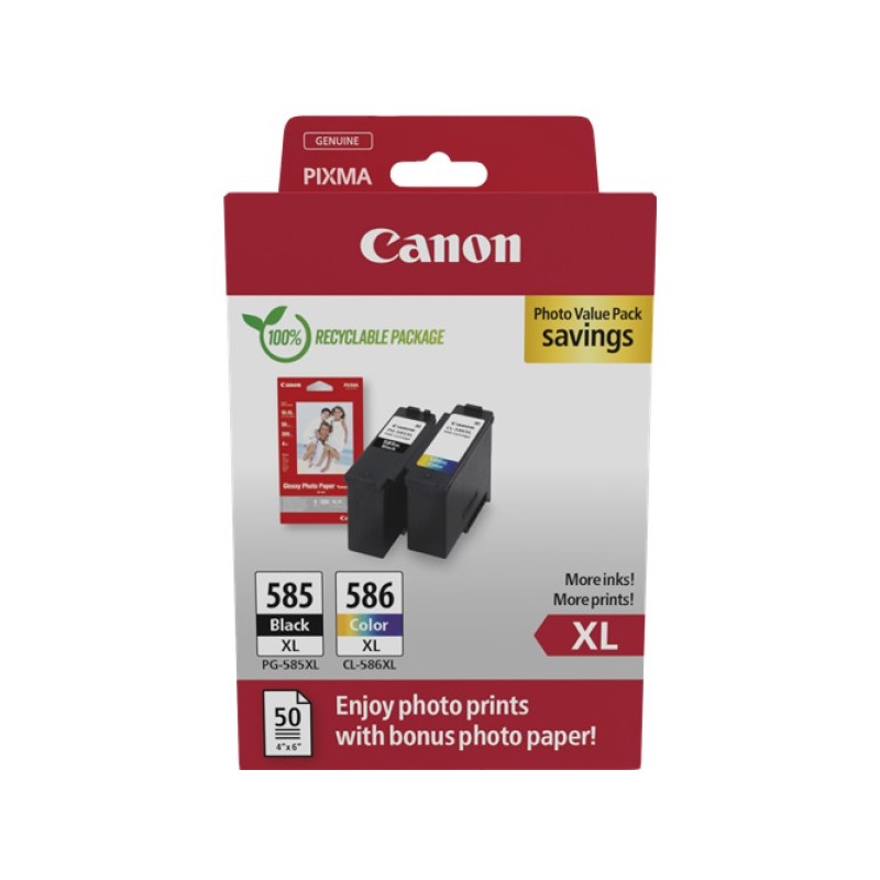 ORIGINAL Canon Value Pack nero / ciano / magenta / giallo PG-585XL+CL-586XL + 10x15 cm Fotopapier 50 Blatt ~600 Seiten