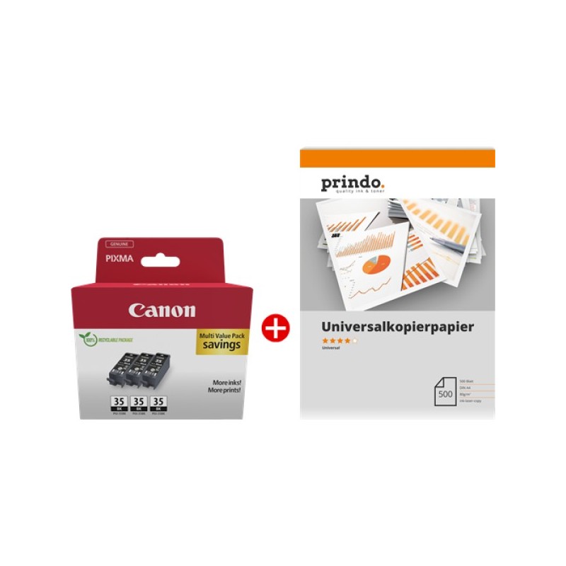 ORIGINAL Canon Value Pack nero / Bianco PGI-35BK 3er MCVP + Prindo Universal Papier 500 Blatt