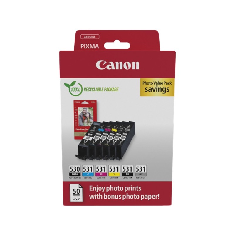 ORIGINAL Canon Value Pack nero / ciano / magenta / giallo / Grigio PGI-530+CLI-531 + 10x15 cm Fotopapier 50 Blatt ~2705 Seiten