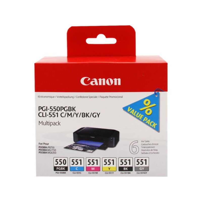 ORIGINAL Canon Multipack nero / ciano / magenta / giallo / Grigio PGI-550+CLI-551 6496B005 6 cartucce: 1x PGI-550 + 1 cartuccia 