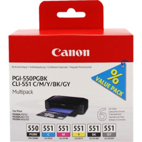 ORIGINAL Canon Multipack nero / ciano / magenta / giallo / Grigio PGI-550+CLI-551 6496B005 6 cartucce: 1x PGI-550 + 1 cartuccia 