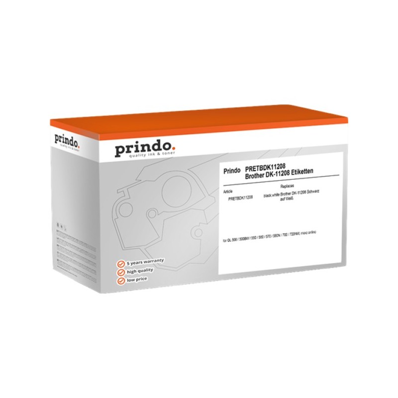 ORIGINAL Prindo Etichette Nero su bianco PRETBDK11208 compatibile con Brother DK-11208, etichette indirizzo, 38x90mm bianco 400 