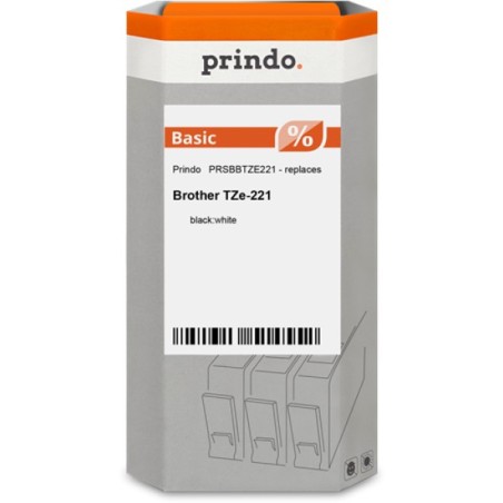ORIGINAL Prindo Nastro Nero su bianco PRSBBTZE221 Basic compatibile con Brother TZe-221, 9 mm x 8 m, laminato