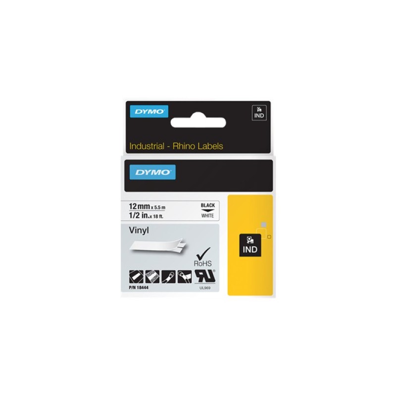 ORIGINAL DYMO Nastro Nero su bianco S0718600 18444 Nastro in vinile, Rhino, IND, 12mm x 5,5m, nero su bianco