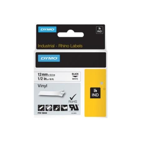 ORIGINAL DYMO Nastro Nero su bianco S0718600 18444 Nastro in vinile, Rhino, IND, 12mm x 5,5m, nero su bianco