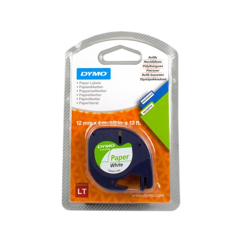 ORIGINAL DYMO Nastro Nero su bianco S0721520 LetraTAG LetraTAG banda di carta, 12mm x 4m
