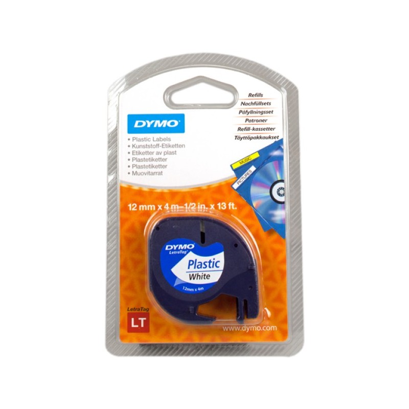 ORIGINAL DYMO Nastro Nero su bianco S0721660 91221 LetraTAG banda di materiale sintentico, 12mm x 4m