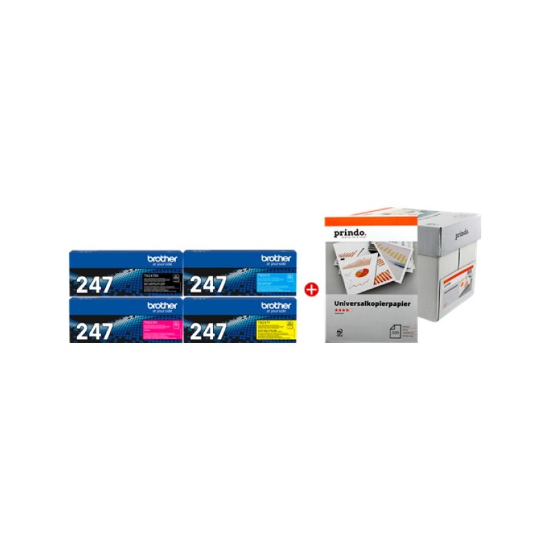 ORIGINAL Brother Value Pack nero / ciano / magenta / giallo TN-247 MCVP 01 + Prindo Universal Papier 2500 Blatt ~9900 Seiten