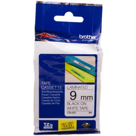 ORIGINAL Brother Nastro Nero su bianco TZe-221 TZ-221 9 mm x 8 m, laminato