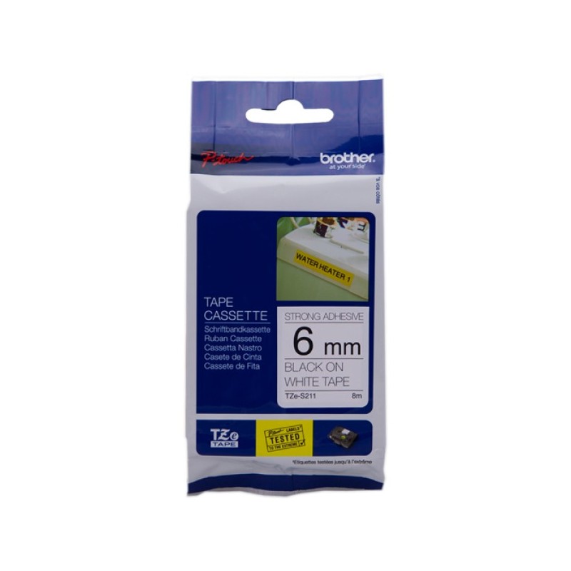 ORIGINAL Brother Nastro Nero su bianco TZe-S211 TZ-S211 6 mm x 8 m, laminato, adesivo extra forte