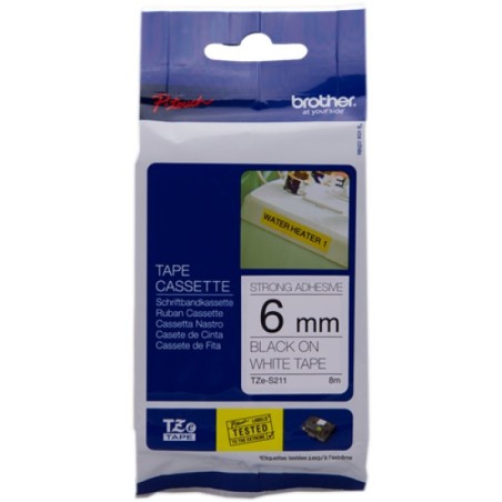 ORIGINAL Brother Nastro Nero su bianco TZe-S211 TZ-S211 6 mm x 8 m, laminato, adesivo extra forte